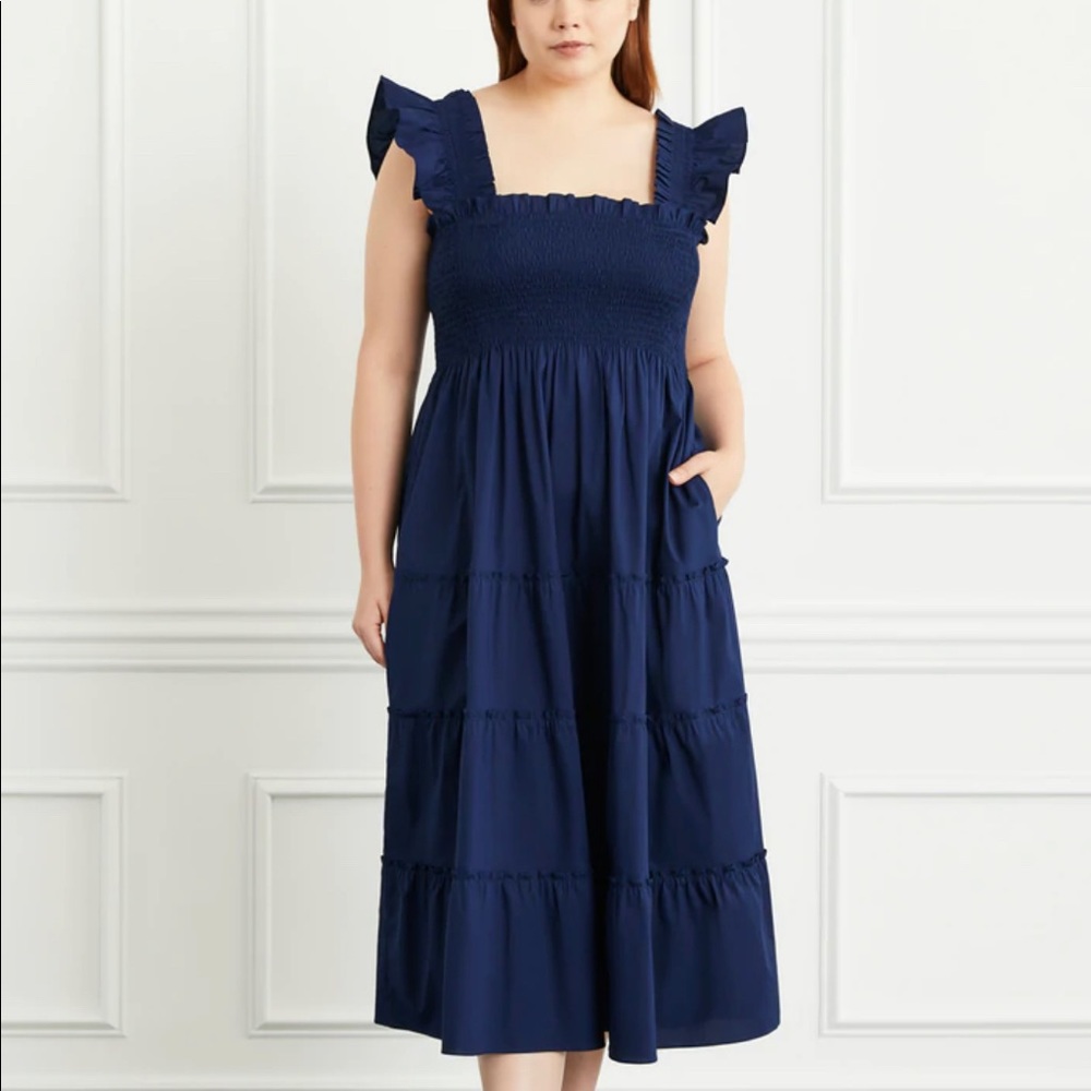 Hill House Navy Blue Smocked Tiered Midi Dress